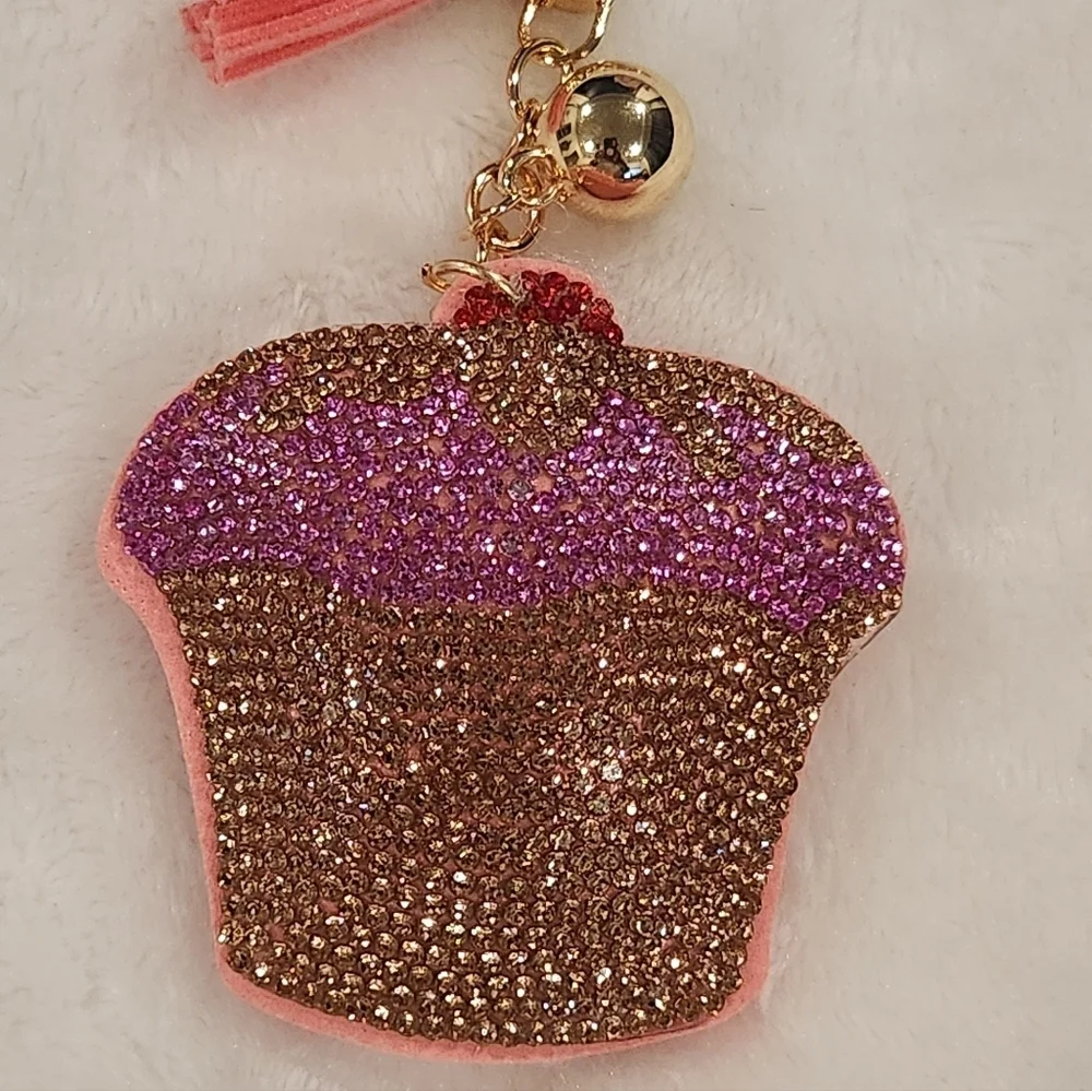 Glittery Rhinestone Cupcake Keychain with Tassel Bag Charm